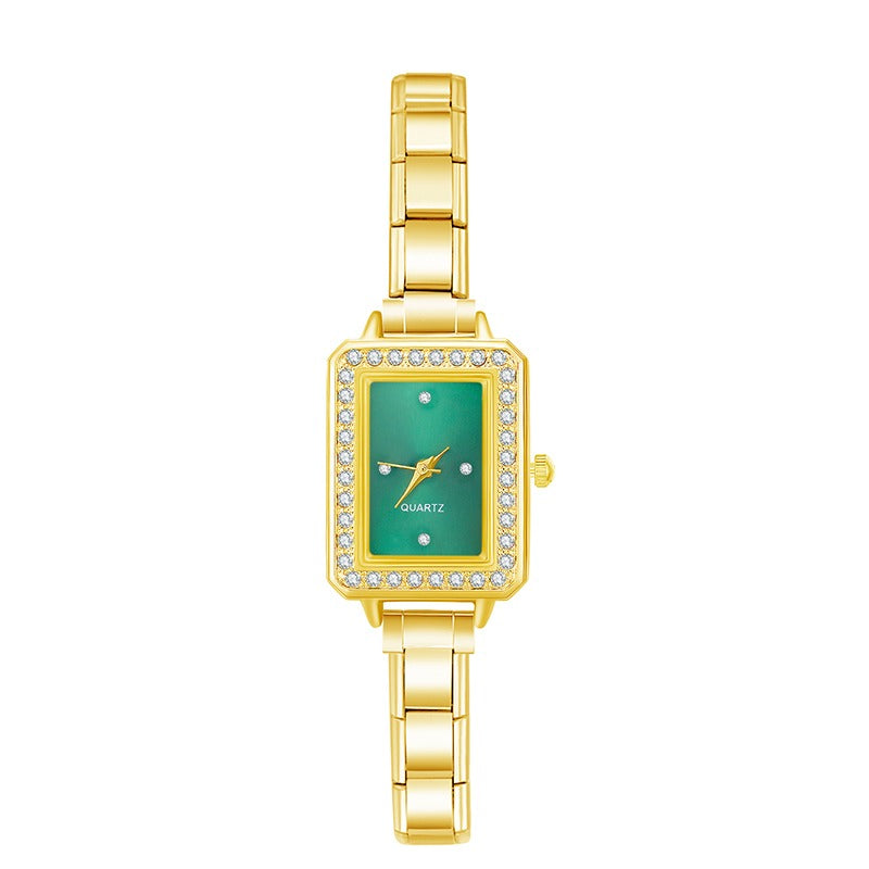 'Green & Rhinestone' Gold Charm Watch