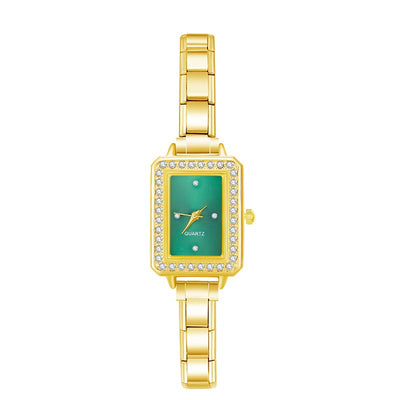 'Green & Rhinestone' Gold Charm Watch
