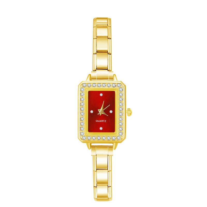 'Red & Rhinestone' Gold Charm Watch